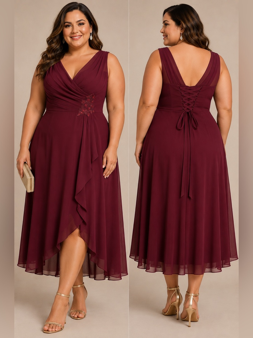 Burgundy Wine Chiffon High Low Formal Midi Dress Size 16 NWT